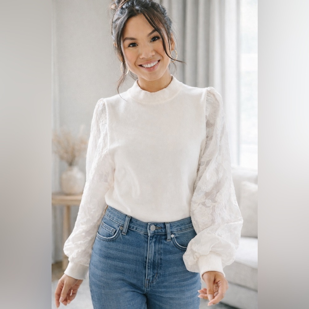 Shop The Mint Sheer Floral Long Sleeved Sweater in White, SZ L - Never Worn!
